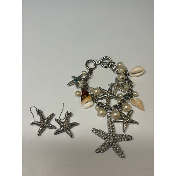 Jewelry - Nautical Starfish Shell Pearl Charm Bracelet and Starfish Dangle Earrings Set